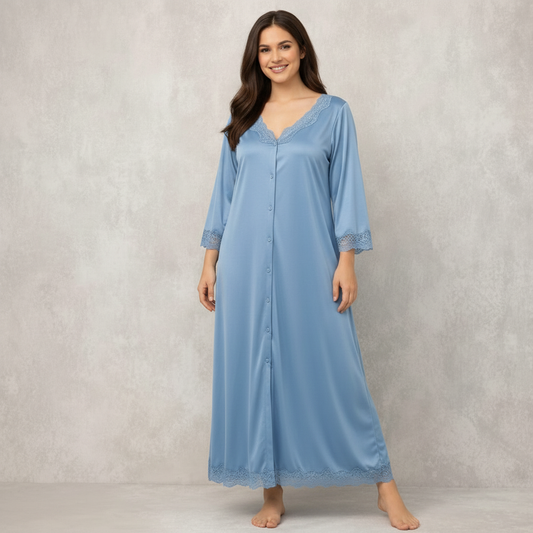 Luxury Silk Lace Trim Button-Down Nighty Dress Comfortable Elegant Sleepwear for Women
