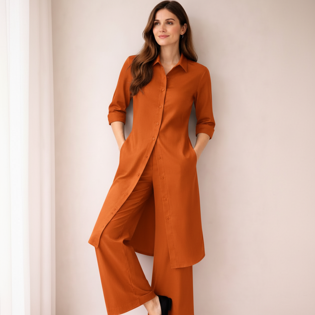 Elegant Silk Co-Ord Set for Women | Button-Down Long Shirt with Wide-Leg Trousers | Premium Formal & Casual Wear