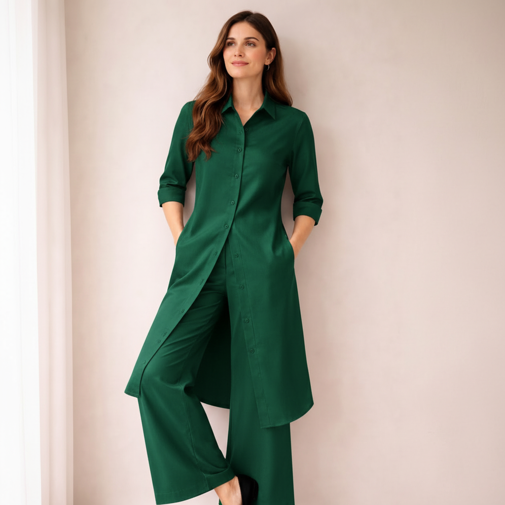 Elegant Silk Co-Ord Set for Women | Button-Down Long Shirt with Wide-Leg Trousers | Premium Formal & Casual Wear