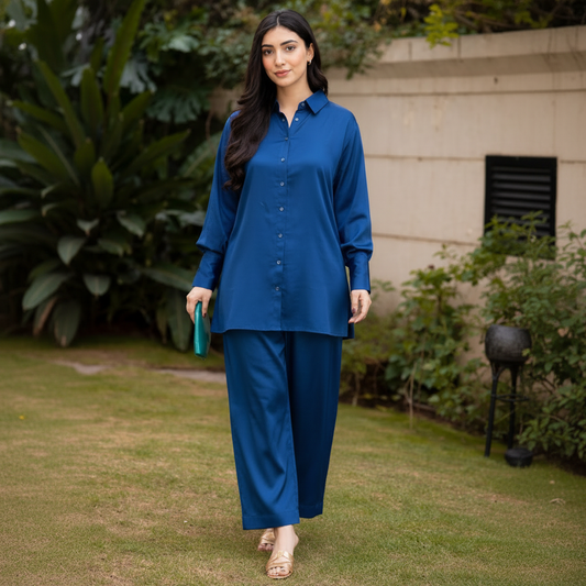 Elegant Silk Button-Down Co-Ord Set for Women  Premium Casual & Formal Wear  Trendy Long Shirt with Trouser Set