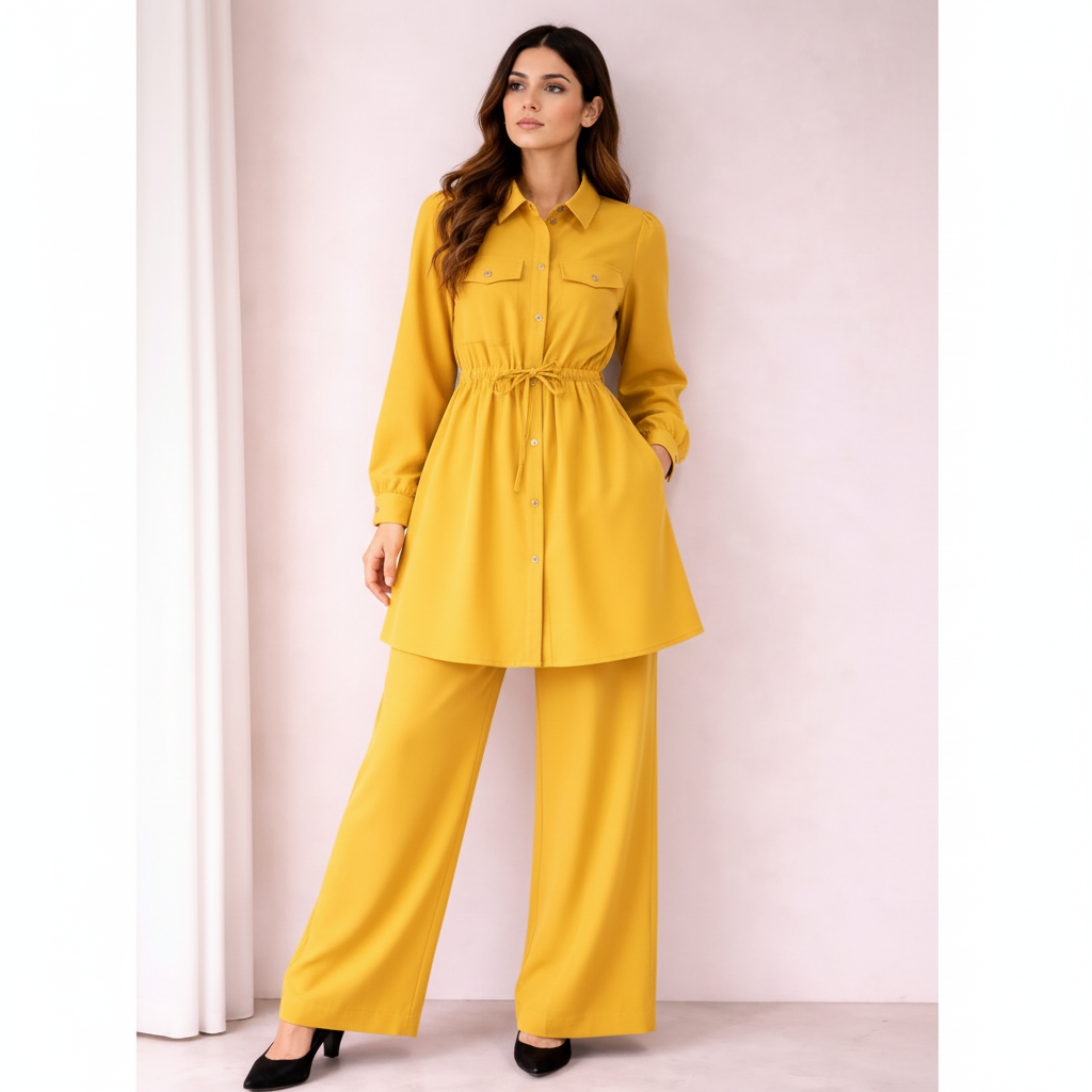 Chic Silk Co-Ord Set for Women | Button-Down Tunic with Belted Waist & Wide-Leg Trousers | Elegant Casual & Formal Outfit