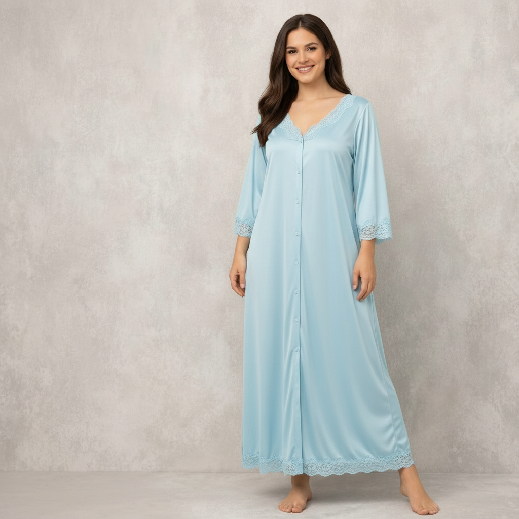 Luxury Silk Lace Trim Button-Down Nighty Dress  Comfortable Elegant Sleepwear for Women