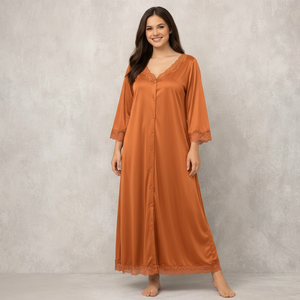Luxury Silk Lace Trim Button-Down Nighty Dress  Comfortable Elegant Sleepwear for Women