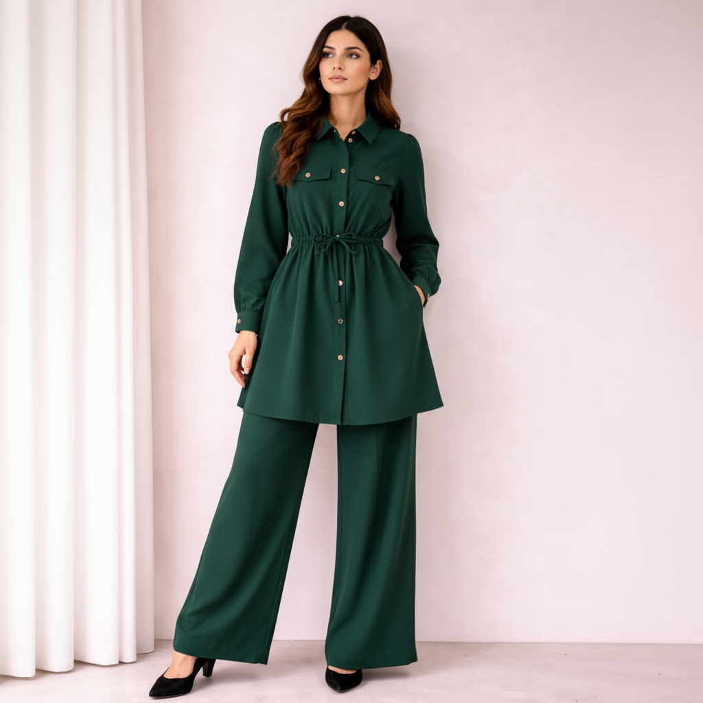 Chic Silk Co-Ord Set for Women | Button-Down Tunic with Belted Waist & Wide-Leg Trousers | Elegant Casual & Formal Outfit