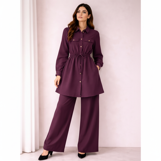 Chic Silk Co-Ord Set for Women | Button-Down Tunic with Belted Waist & Wide-Leg Trousers | Elegant Casual & Formal Outfit