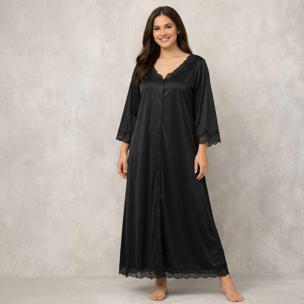 Luxury Silk Lace Trim Button-Down Nighty Dress  Comfortable Elegant Sleepwear for Women