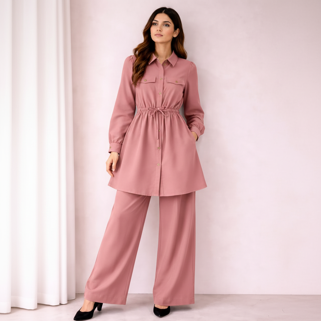 Chic Silk Co-Ord Set for Women | Button-Down Tunic with Belted Waist & Wide-Leg Trousers | Elegant Casual & Formal Outfit