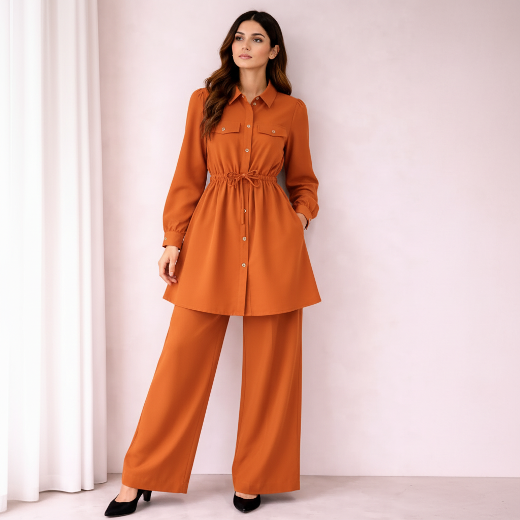 Chic Silk Co-Ord Set for Women | Button-Down Tunic with Belted Waist & Wide-Leg Trousers | Elegant Casual & Formal Outfit