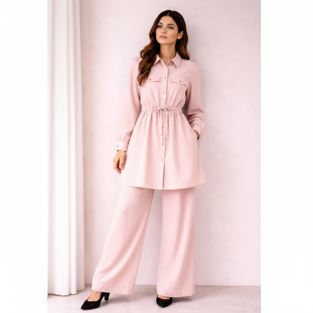 Chic Silk Co-Ord Set for Women | Button-Down Tunic with Belted Waist & Wide-Leg Trousers | Elegant Casual & Formal Outfit