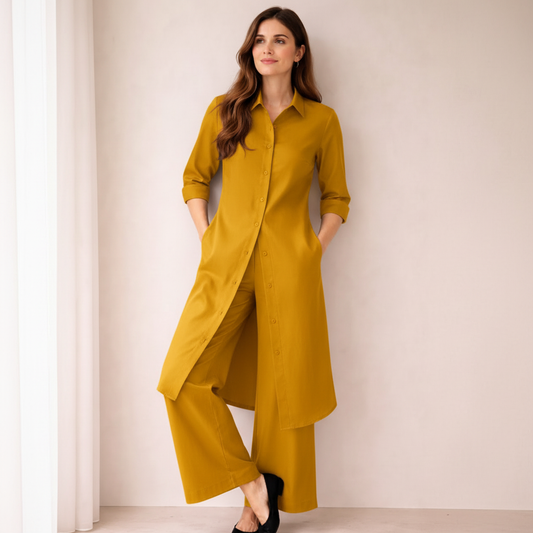 Elegant Silk Co-Ord Set for Women | Button-Down Long Shirt with Wide-Leg Trousers | Premium Formal & Casual Wear