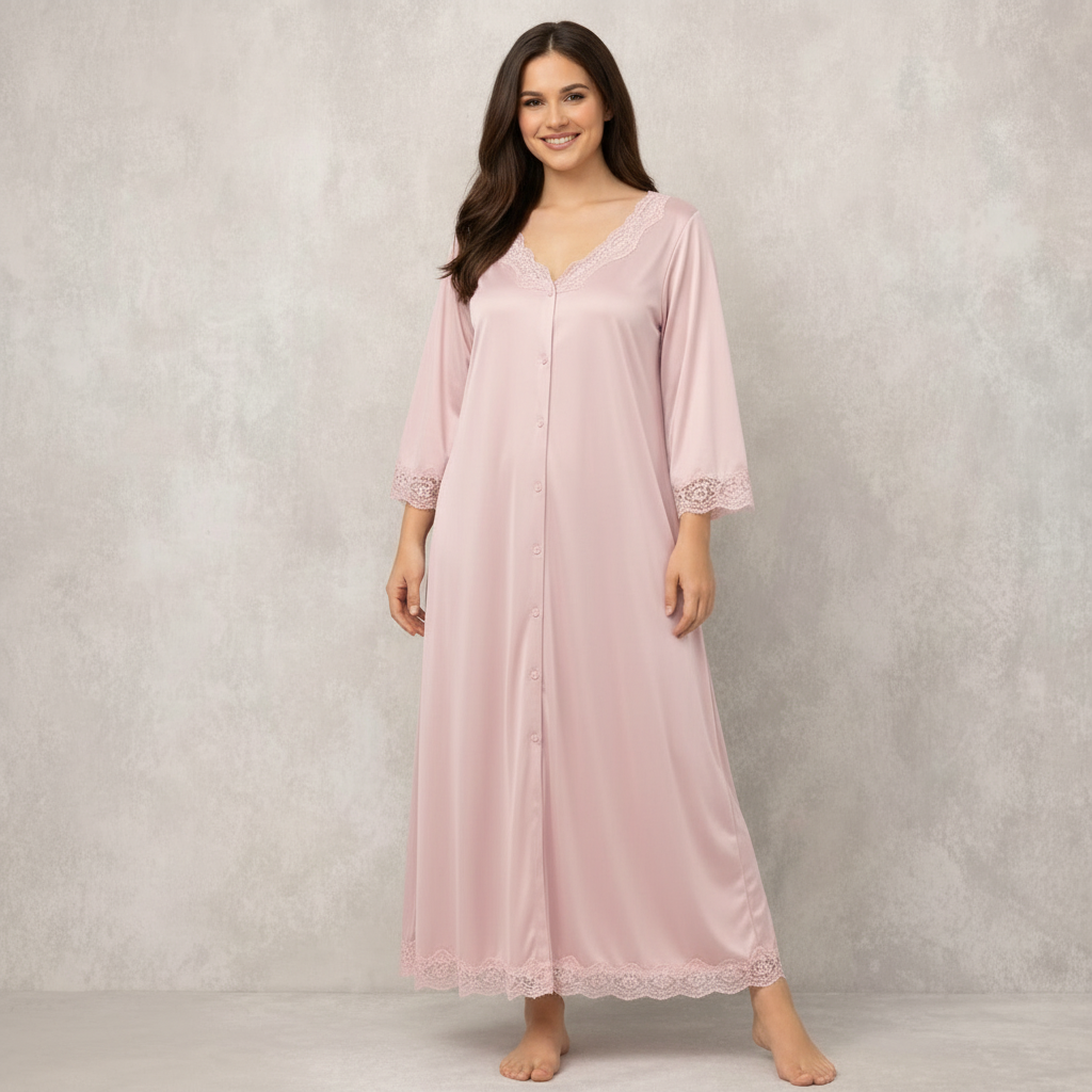 Luxury Silk Lace Trim Button-Down Nighty Dress  Comfortable Elegant Sleepwear for Women
