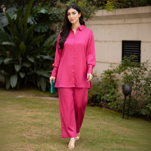 Elegant Silk Button-Down Co-Ord Set for Women  Premium Casual & Formal Wear  Trendy Long Shirt with Trouser Set