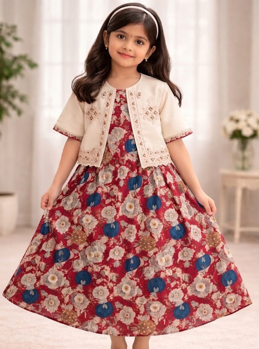 Girls Floral Party Dress with Stylish Embroidered Jacket | Kids Occasion Wear