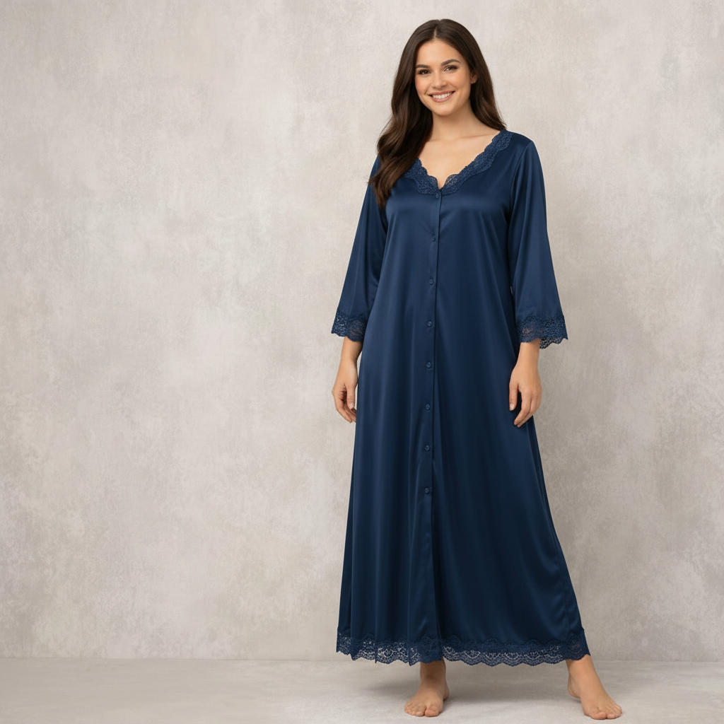 Luxury Silk Lace Trim Button-Down Nighty Dress  Comfortable Elegant Sleepwear for Women