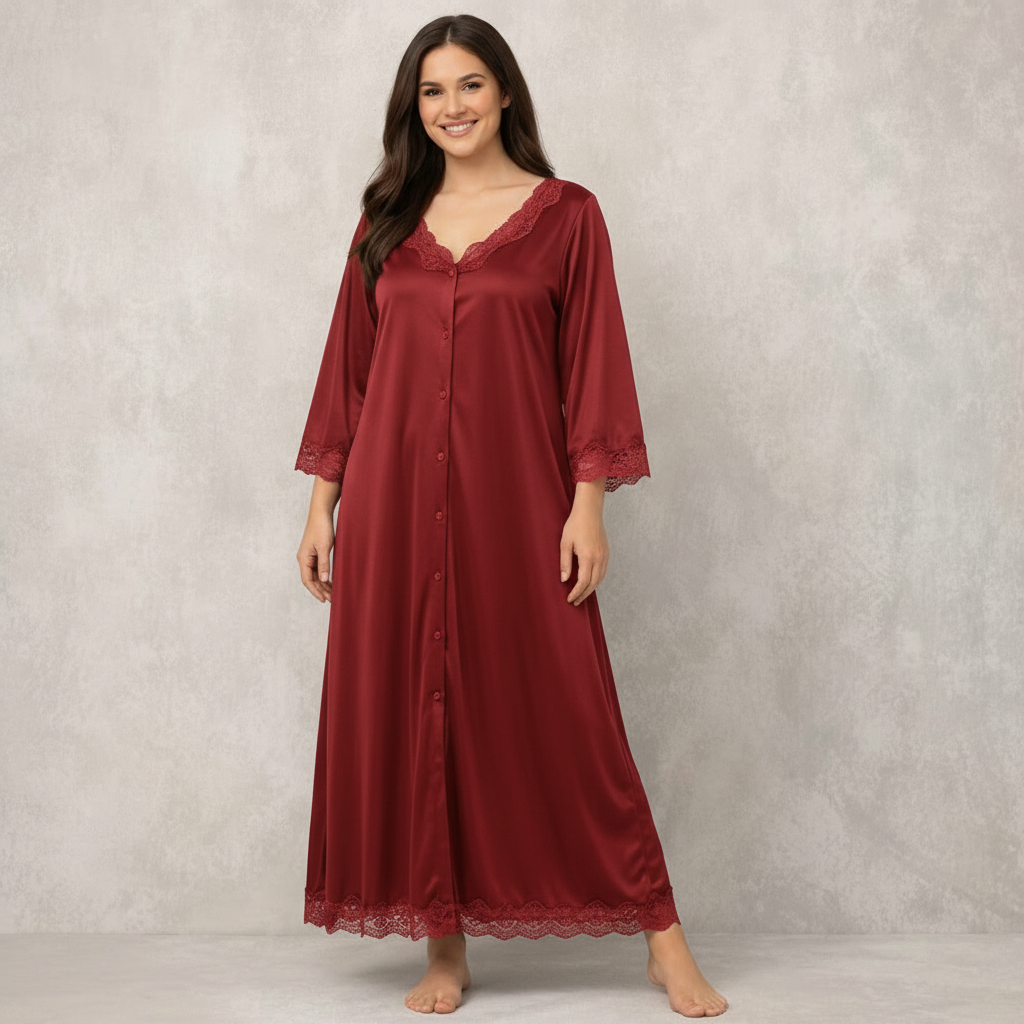 Luxury Silk Lace Trim Button-Down Nighty Dress  Comfortable Elegant Sleepwear for Women