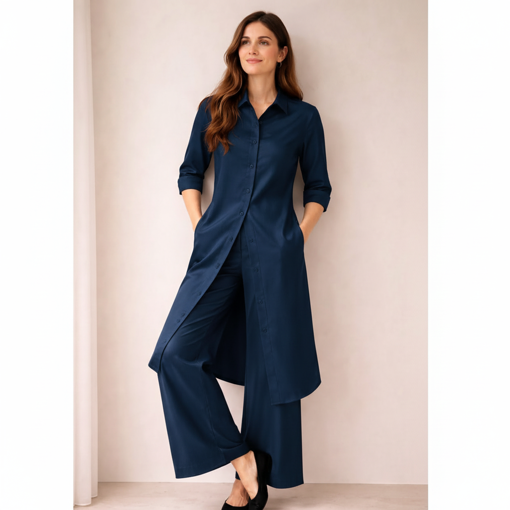 Elegant Silk Co-Ord Set for Women | Button-Down Long Shirt with Wide-Leg Trousers | Premium Formal & Casual Wear