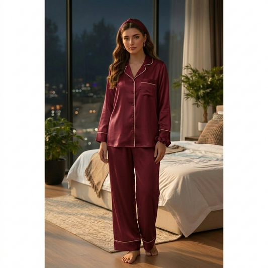 Elegant Silk Night Dress | Full Sleeves | Free Hairband & Scrunchie