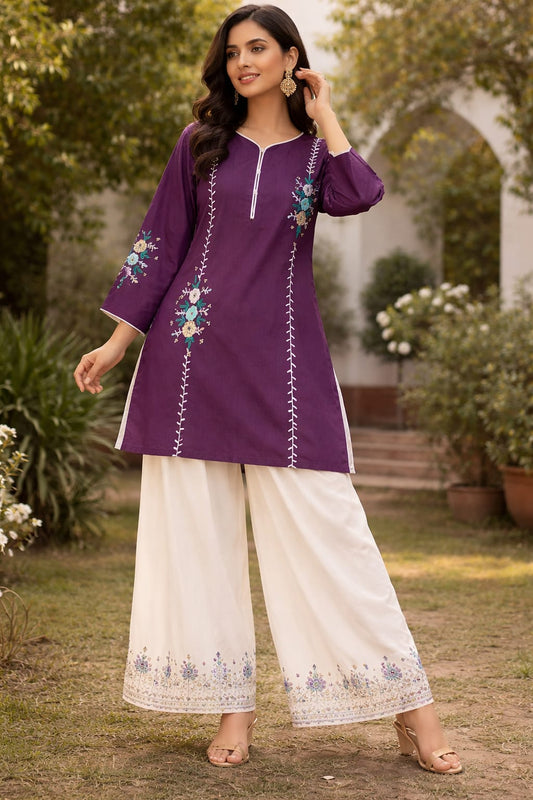 Handmade Embroidered Purple Kurti Set  | Custom Made Pakistani Dress | Stylish Kurti with Shalwar