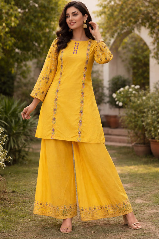Handmade Embroidered Yellow Kurti Set  | Custom Made Pakistani Dress | Stylish Kurti with Plazo