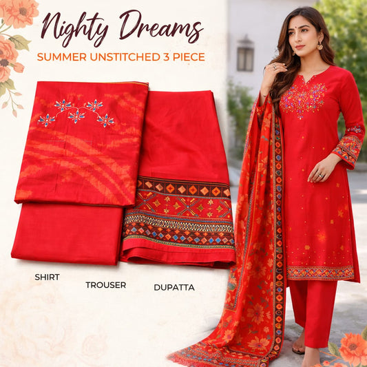 Elegant 3-Piece Unstitched Dress – Printed Shirt with Plain Trouser & Matching Dupatta