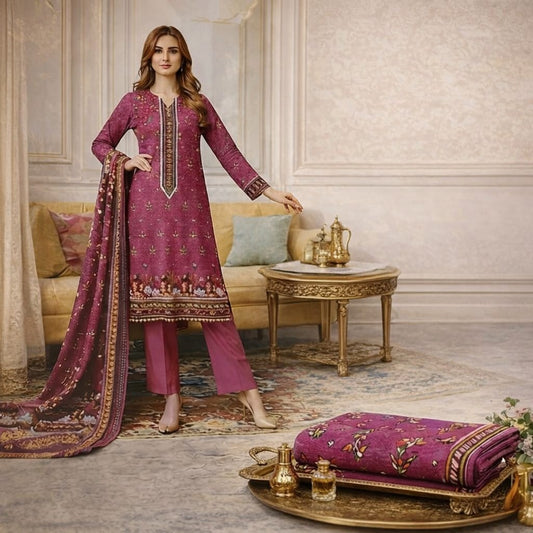 Nighty Dreams Summer Unstitched 3 Piece Digital Lawn Suit – Bana Dora Printed Shirt, Dupatta & Dyed Shilwar