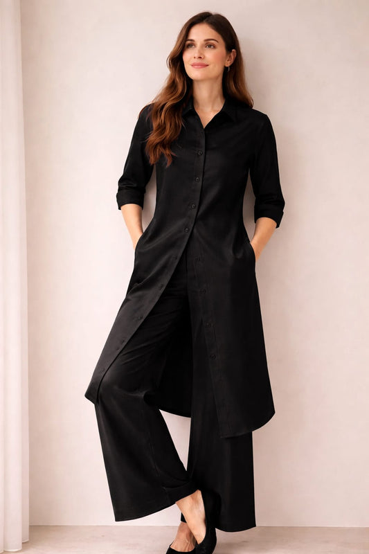 Elegant Silk Co-Ord Set for Women | Button-Down Long Shirt with Wide-Leg Trousers | Premium Formal & Casual Wear