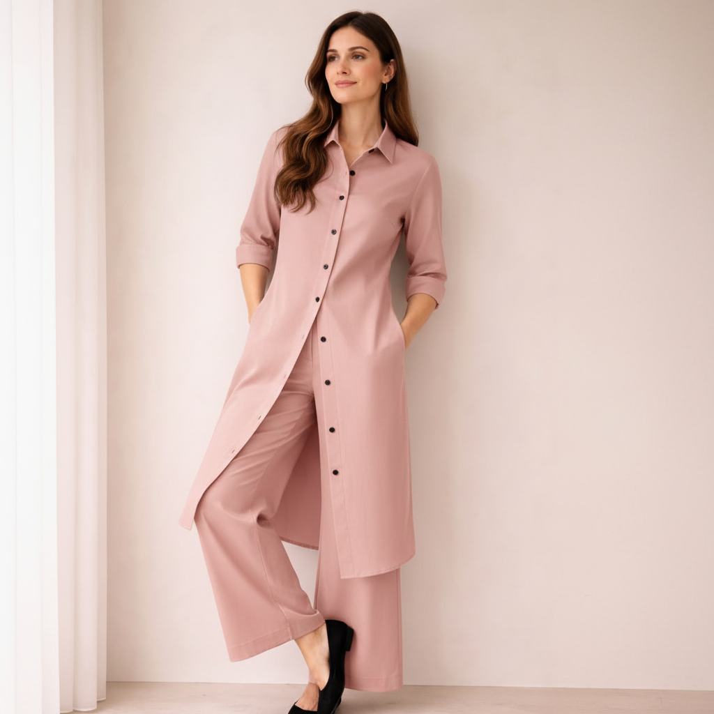 Elegant Silk Co-Ord Set for Women | Button-Down Long Shirt with Wide-Leg Trousers | Premium Formal & Casual Wear
