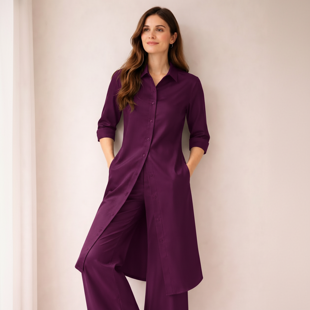 Elegant Silk Co-Ord Set for Women | Button-Down Long Shirt with Wide-Leg Trousers | Premium Formal & Casual Wear