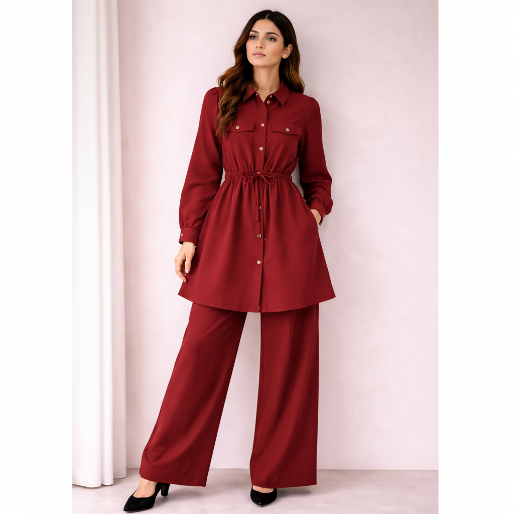 Chic Silk Co-Ord Set for Women | Button-Down Tunic with Belted Waist & Wide-Leg Trousers | Elegant Casual & Formal Outfit