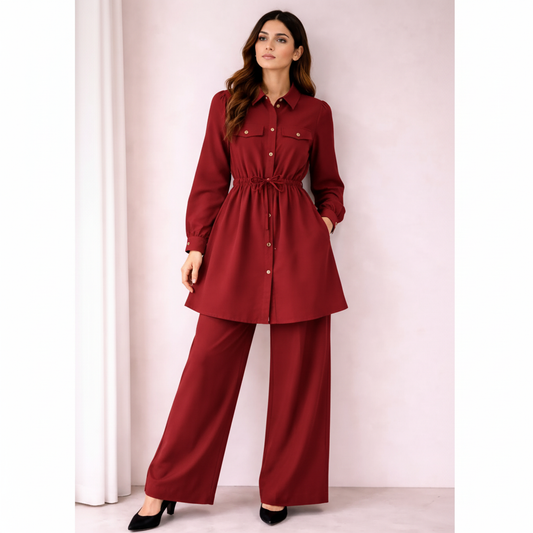 Chic Silk Co-Ord Set for Women | Button-Down Tunic with Belted Waist & Wide-Leg Trousers | Elegant Casual & Formal Outfit
