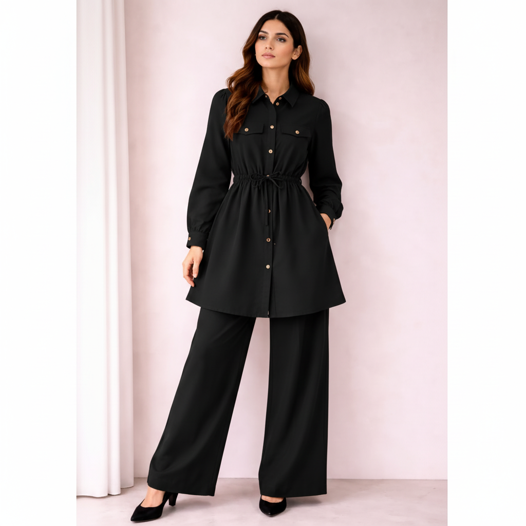 Chic Silk Co-Ord Set for Women | Button-Down Tunic with Belted Waist & Wide-Leg Trousers | Elegant Casual & Formal Outfit