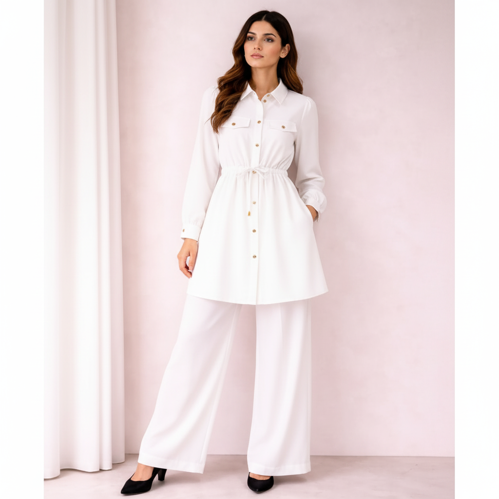 Chic Silk Co-Ord Set for Women | Button-Down Tunic with Belted Waist & Wide-Leg Trousers | Elegant Casual & Formal Outfit