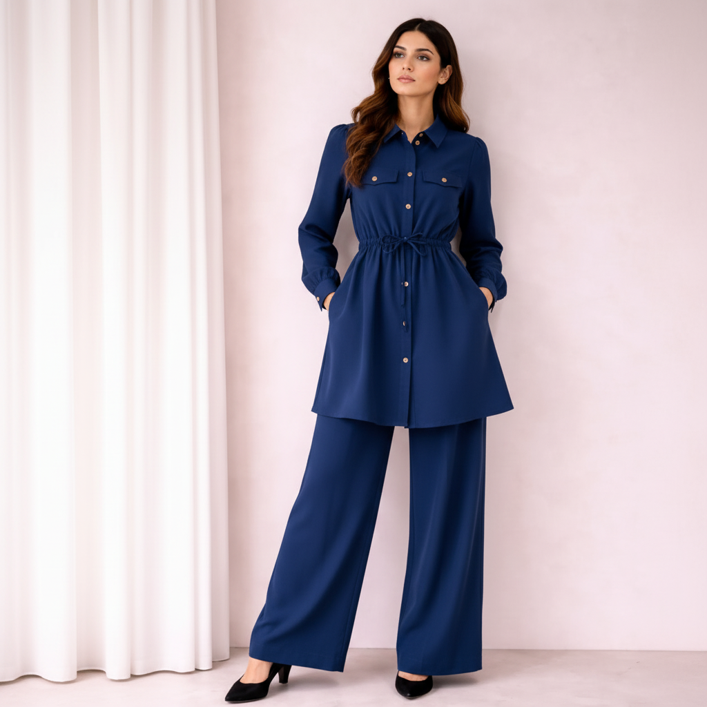 Chic Silk Co-Ord Set for Women | Button-Down Tunic with Belted Waist & Wide-Leg Trousers | Elegant Casual & Formal Outfit