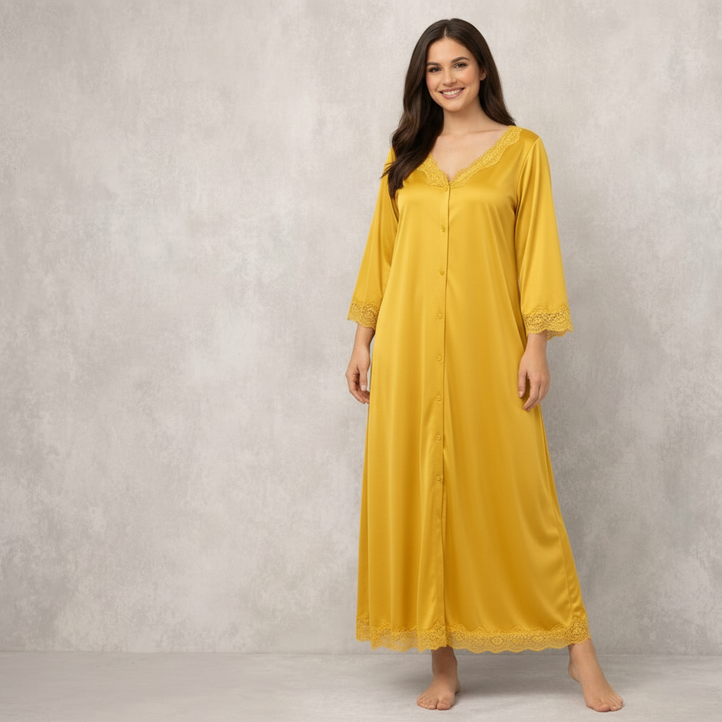 Luxury Silk Lace Trim Button-Down Nighty Dress  Comfortable Elegant Sleepwear for Women