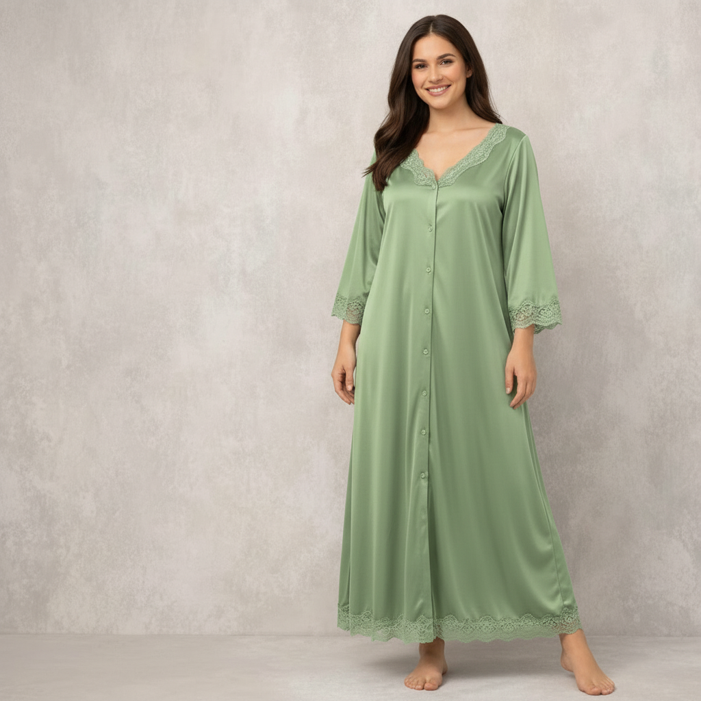 Luxury Silk Lace Trim Button-Down Nighty Dress  Comfortable Elegant Sleepwear for Women