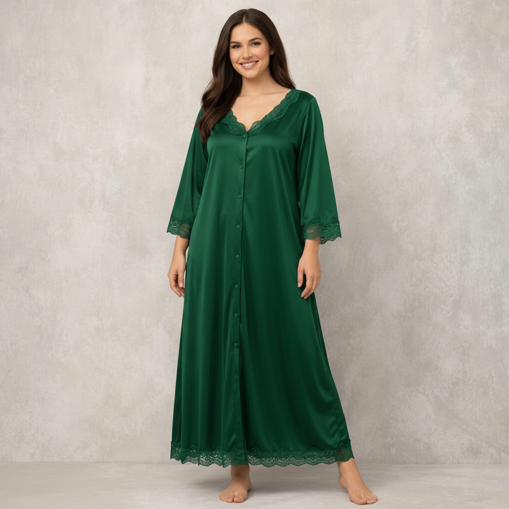 Luxury Silk Lace Trim Button-Down Nighty Dress  Comfortable Elegant Sleepwear for Women