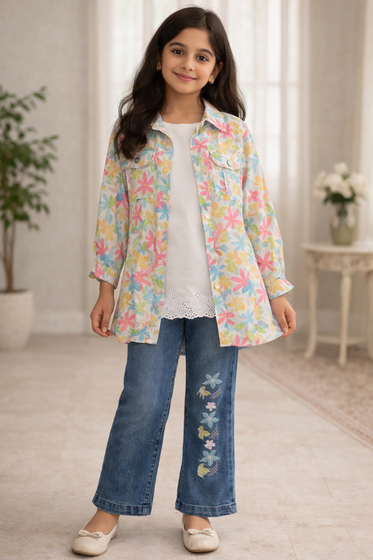 Girls 3PC Floral Printed Set with Full Sleeve Shirt, Inner Shirt & Pants | Kids Stylish Outfit