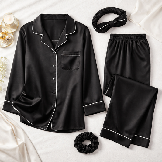 Elegant Silk Night Dress | Full Sleeves | Free Hairband & Scrunchie