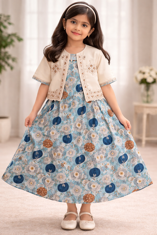 Girls Floral Party Dress with Stylish Embroidered Jacket | Kids Occasion Wear